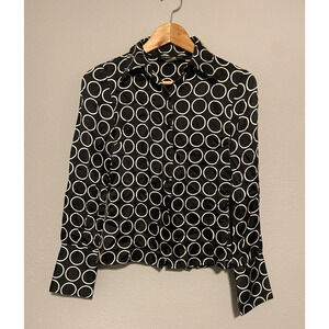 Vintage Jerry Shabo Womens Top XS Black Silk Satin Geometric Button Up Artsy 90s